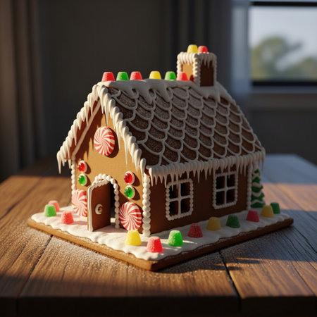 Gingerbread house decorated with colorful candies on a wooden tableの素材