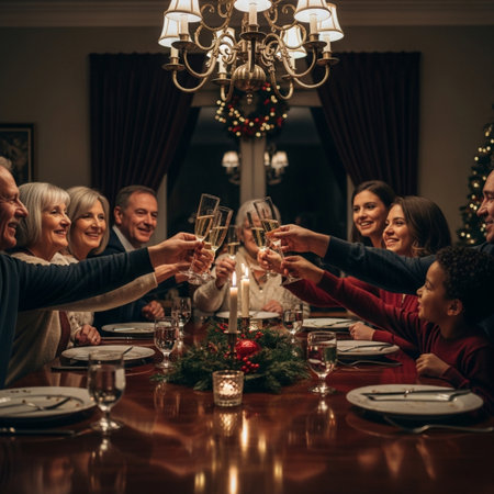 Group of multiethnic friends clinking glasses of champagne at christmas dinnerの素材