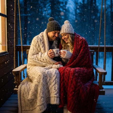 Couple in warm clothing with cup of coffee sitting on the porch of the houseの素材