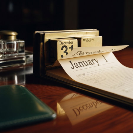 Calendar with the date of the month of january on a wooden tableの素材