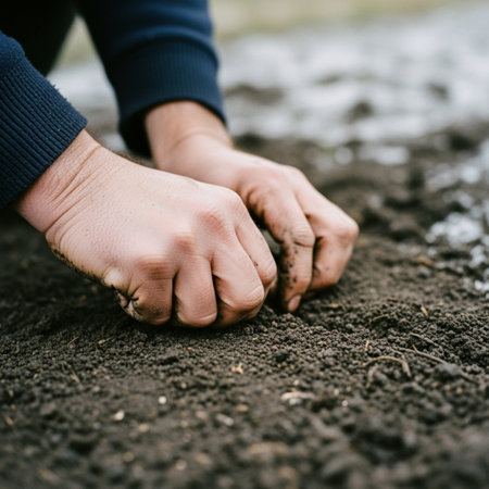 Hands of a man planting a seedling in the ground.の素材