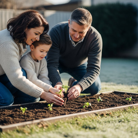 selective focus of happy family planting seedlings in soil in gardenの素材