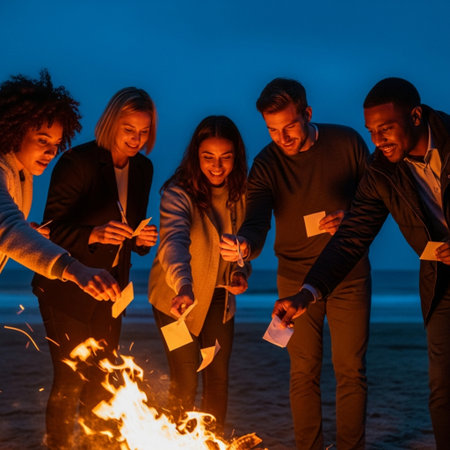 Group of Business People Celebrating Success on the Beach with a Fireの素材