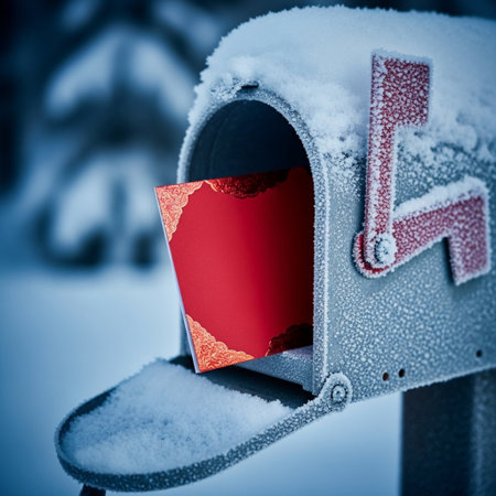 mail box with a red label in the snow on a winter dayの素材