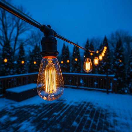 Vintage light bulbs on the background of the winter forest at nightの素材