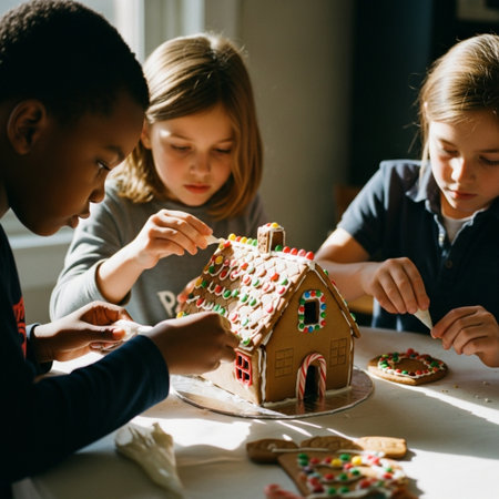 Group of kids making gingerbread house at home. Little children decorating gingerbread house.の素材