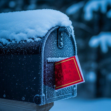 Mailbox covered with snow in winter forest. Selective focus.の素材