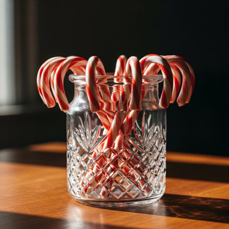 Candy canes in a glass vase on a wooden tableの素材
