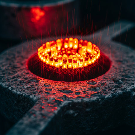 blacksmiths hand tool with red glowing sparks close-upの素材