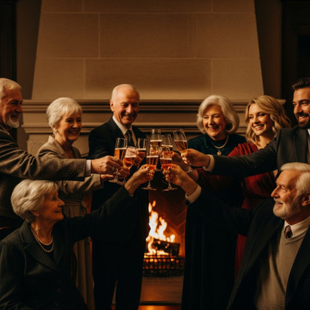 Group of senior friends toasting with glasses of champagne in front of fireplace.の素材