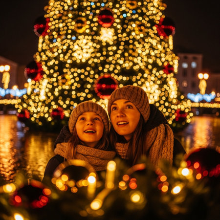Mother and daughter with Christmas tree in the city at night. Christmas and New Year concept.の素材