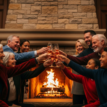 Group of senior friends clinking glasses of champagne in front of fireplace at homeの素材
