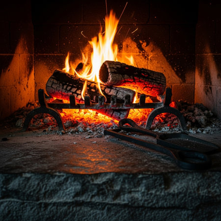 Fireplace with burning firewood at night in a country house.の素材