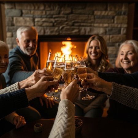 Group of senior friends clinking glasses of champagne in front of fireplace at homeの素材