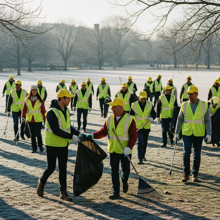Group of volunteers cleaning a parkの素材
