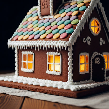 Gingerbread house with colorful candies on a wooden table.の素材