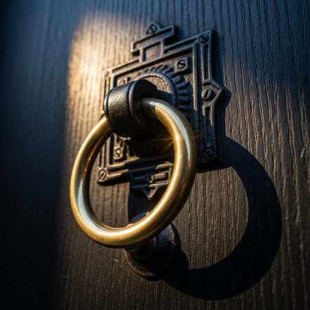 Metal door handle on a black wooden door, close-up.の素材