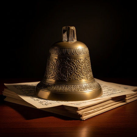 Old brass bell on a dark background with old sheets of music.の素材