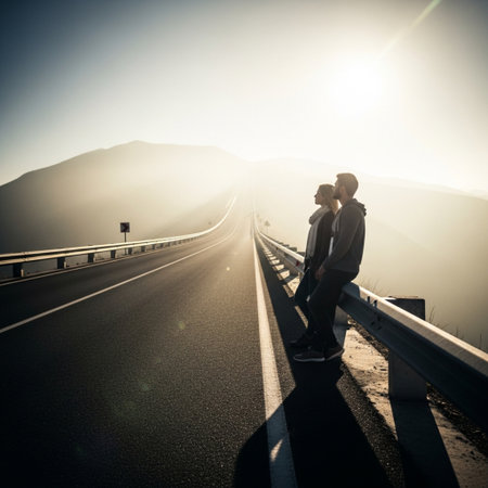 Businessman standing on the road and talking on mobile phone in the morningの素材