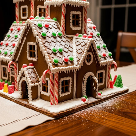 Gingerbread house with candy canes and christmas tree on wooden tableの素材