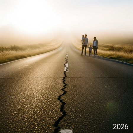 Happy family walking on the road in the morning. Happy new year 2020.の素材