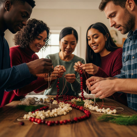 Group of multiethnic friends making christmas garland at homeの素材