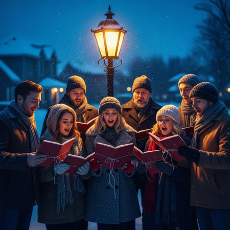 Group of friends reading books on a winter street in the evening.の素材