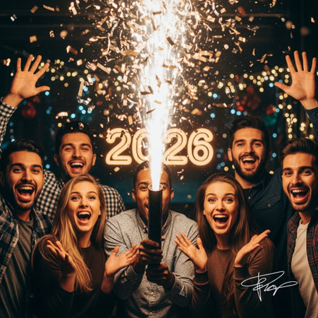 Group of happy friends celebrating New Year with sparklers in hands.の素材