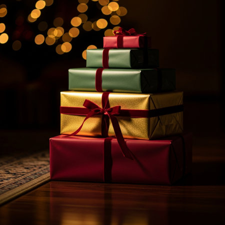 Christmas presents wrapped in colorful paper and tied with red ribbons.の素材