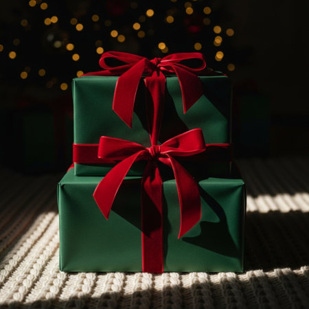 Christmas presents with red ribbons on a background of a Christmas treeの素材