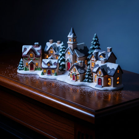 Christmas and New Year miniature houses on wooden table with snow. Festive decoration. Holiday concept. Selective focusの素材