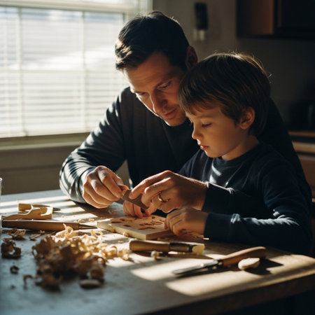 Father and son are learning to carve a wooden plane at home.の素材
