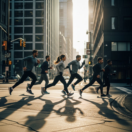 Group of young business people jogging in the city. Businessman running in the city.の素材
