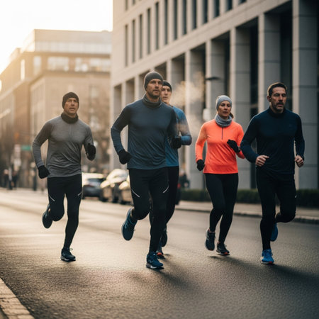 multiethnic group of people running on city street at early morningの素材