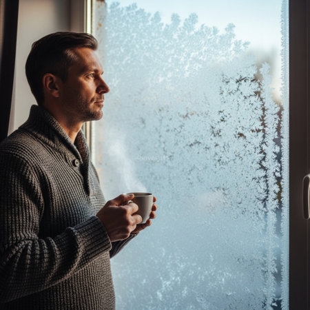 A man with a cup of coffee near the window in winter.の素材