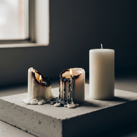 Two burning candles on a gray concrete background. Still life with candles.の素材