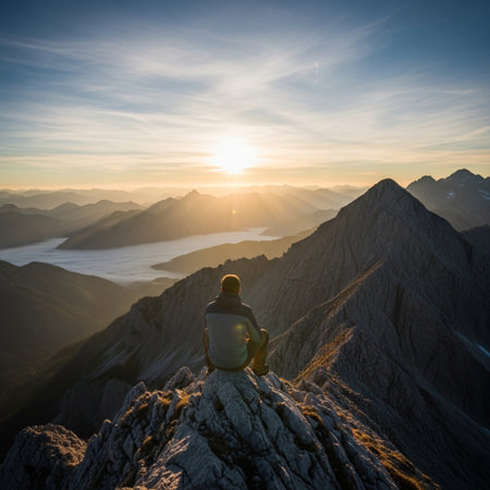 Hiker sitting on top of a mountain and enjoying the view of the sunsetの素材