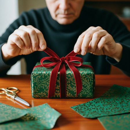 Man wrapping a green gift box with red ribbon. Close-up.の素材