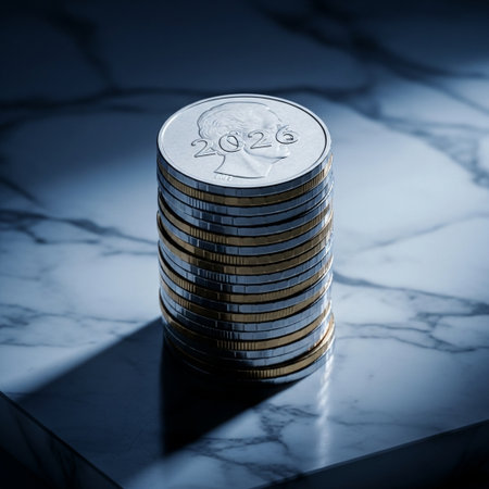 Stacks of coins on a marble background. Shallow depth of field. Toned.の素材