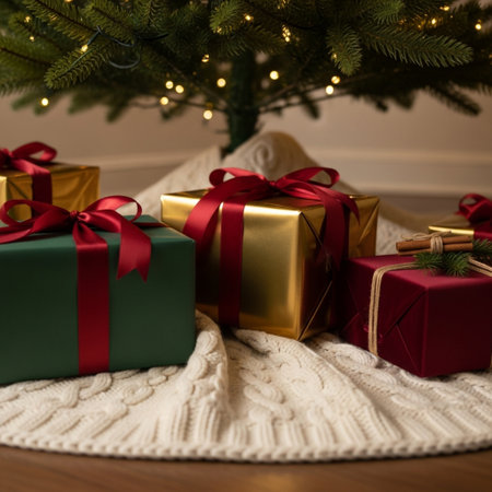 Christmas gifts under the Christmas tree on a wooden background. Selective focus.の素材