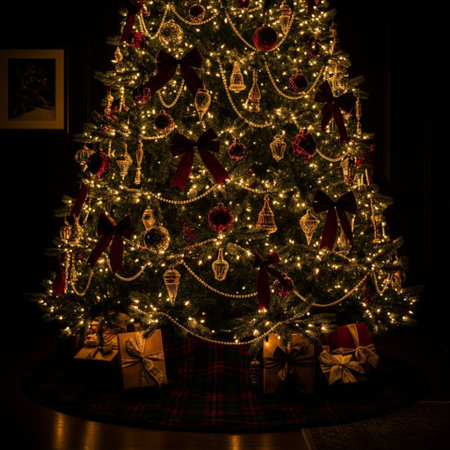 Decorated Christmas tree with gifts and lights in the dark roomの素材