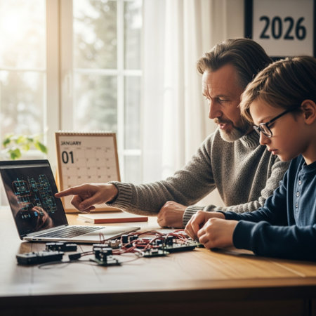 Father and son are repairing a computer at home. They are looking at the monitor and smiling.の素材