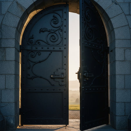 Old metal door with forged elements. Entrance to the castle.の素材