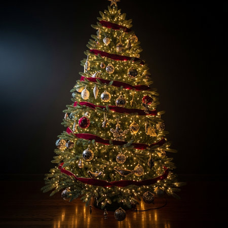 Christmas tree with decorations on a black background. New Year's background.の素材