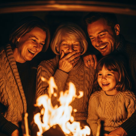 Portrait of a happy family in front of a bonfire.の素材