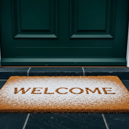 Welcome doormat at entrance door. Welcome carpet with welcome text.の素材