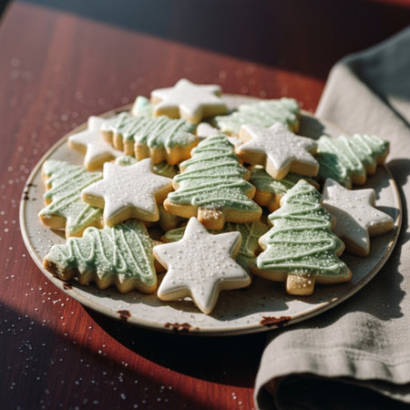 Christmas cookies in the shape of a Christmas tree on a plate.の素材