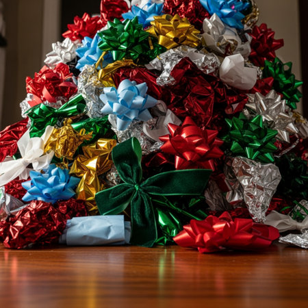 Christmas tree made of colorful ribbons and bows on a wooden tableの素材