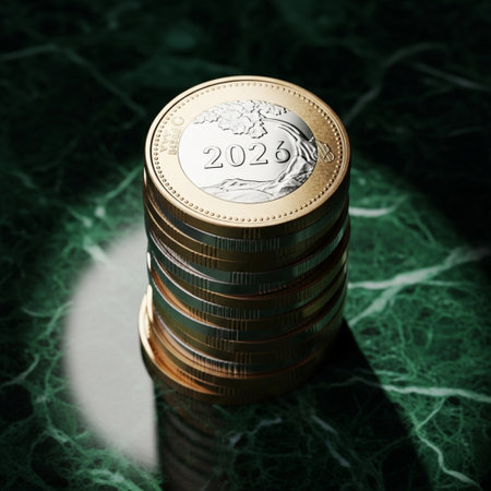 Stack of gold coins on green marble background. New year concept.の素材