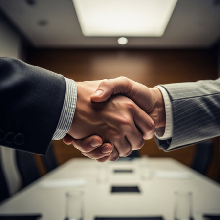 Close-up image of two businessmen shaking hands in the meeting roomの素材